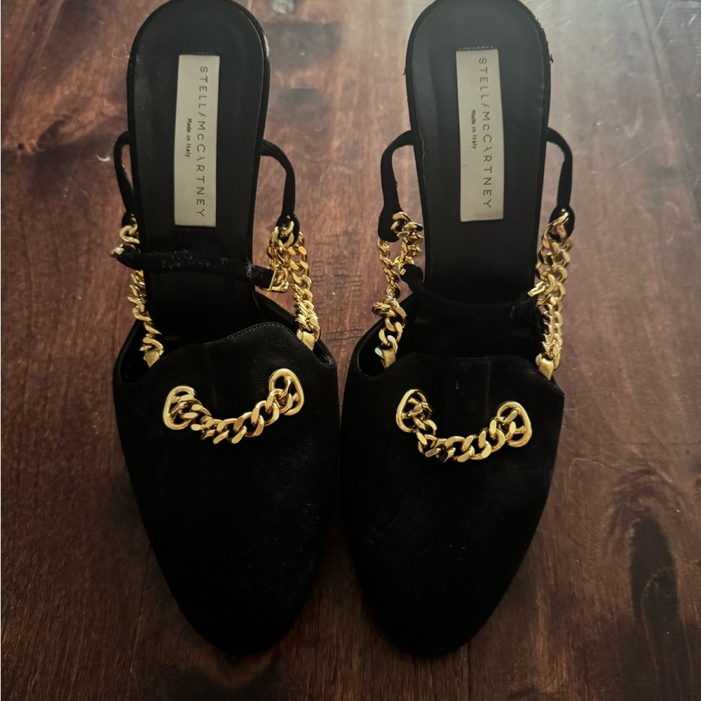 Stella McCartney Black Mules with Gold Chain Accent